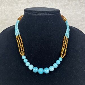 Jay King Necklace Amazonite Amber 3-Strand Graduated Bead Sterling Silver 18-21"
